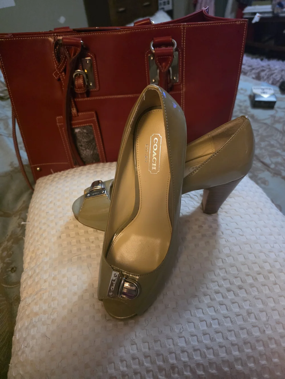 COACH Olive Patent Leather Peep-Toe Pumps with Silver Buckle
